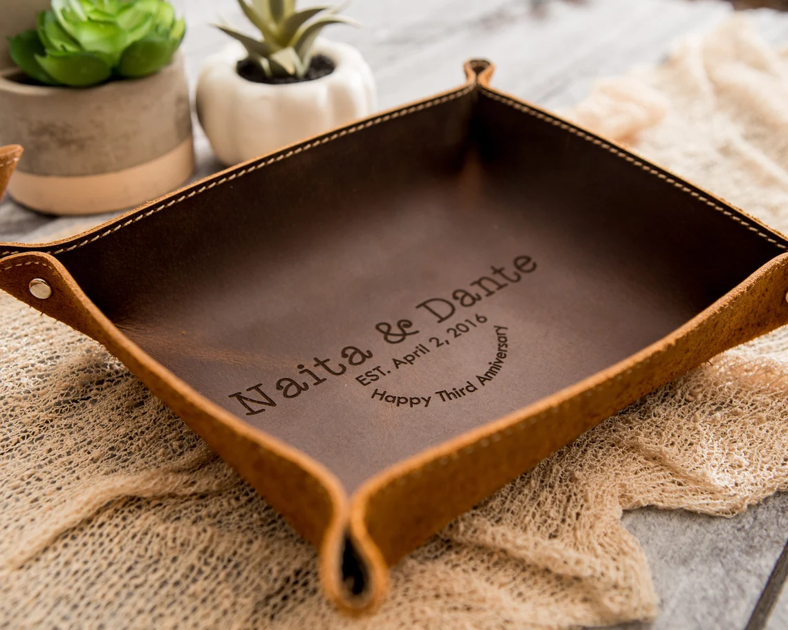 Engraved Leather Valet Tray