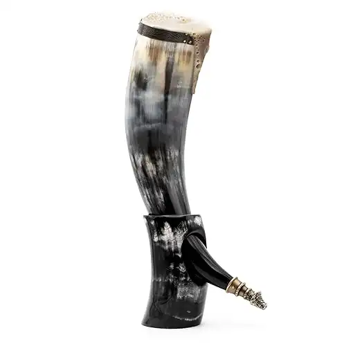Ox-Horn Viking Drinking Horn with Horn Stand & Brass Wolf Adornments