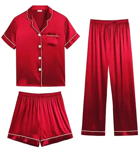 SWOMOG Womens 3pcs Pajamas Set Silk Satin Short Sleeve Sleepwear Button Down Loungewear Pjs Nightwear