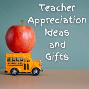 teacher appreciation ideas and gifts with image of toy school bus and apple